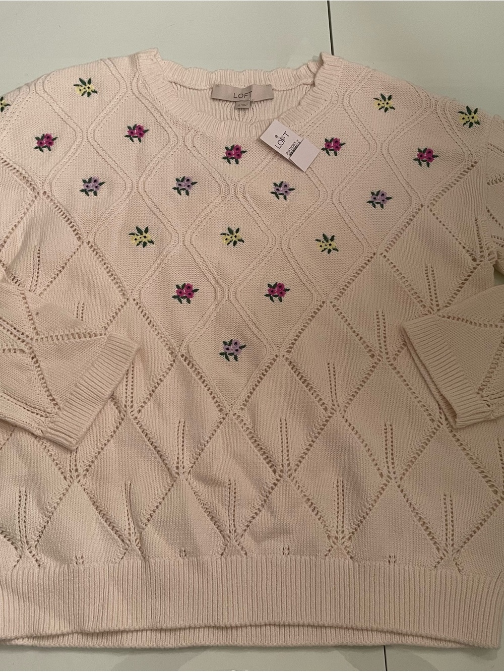 LOFT Cream Crewneck Sweater with Pink & Green Embroidered Flowers